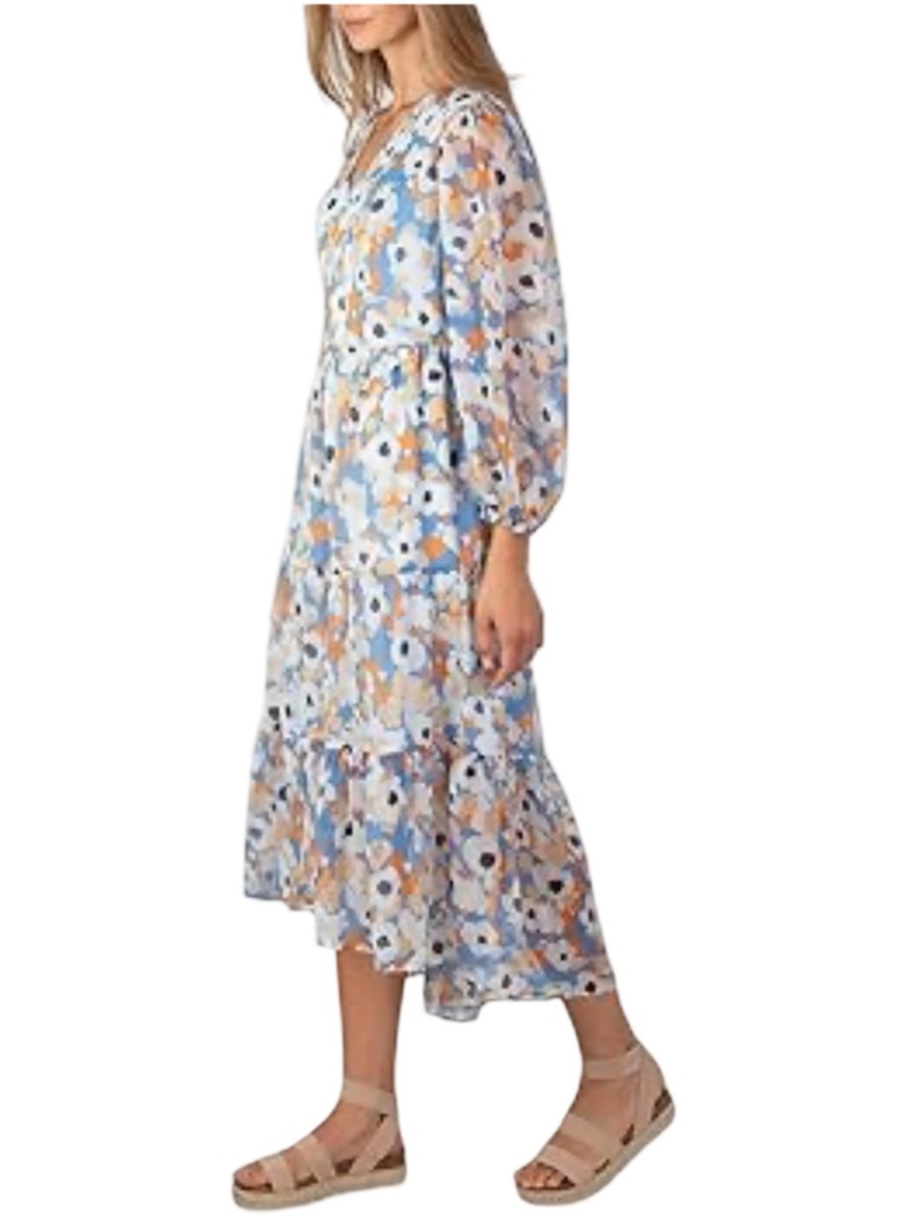 Joie Floral Fields Flowy Puff Balloon Sleeve Midi Tiered Ruffle Dress